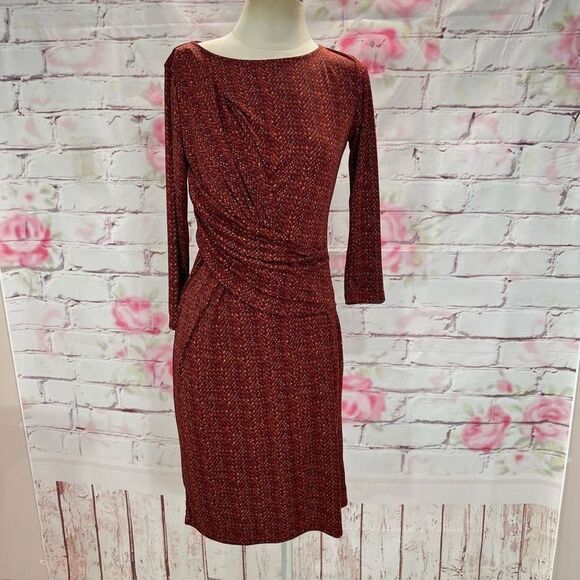 Talbots nwt long sleeve burnt orange print slinky sheath dress size s - Picture 1 of 8
